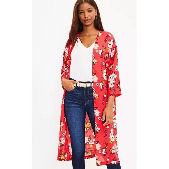 New LOFT Duster Wrap Kimono Red Floral Lightweight Summer Layering M/L Boho - Picture 2 of 11